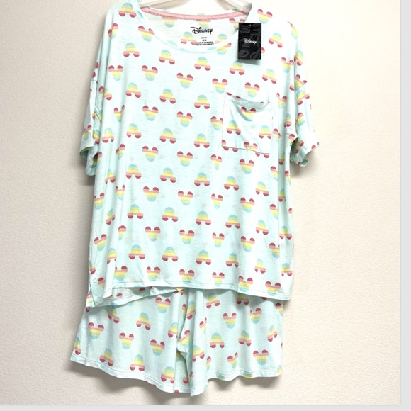 NWT Disney M Pajama Set 2 Piece Mickey Top Short Pants Stretch Pockets Rainbow - Picture 1 of 12